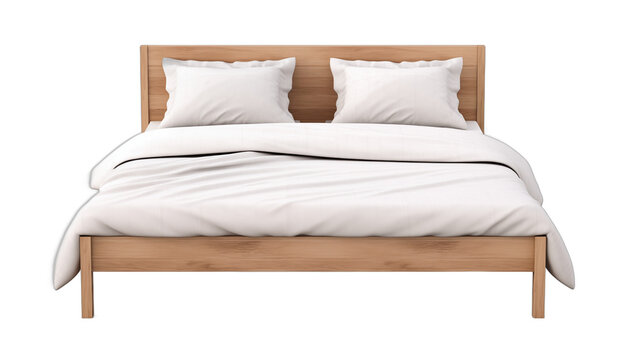 Simple wooden bed frame with white pillows and blanket 3D rendering