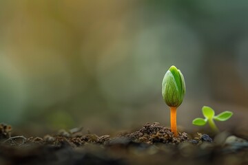 A small green plant sprouts from the ground, reaching towards the sunlight with fresh growth - obrazy, fototapety, plakaty