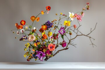 A diverse selection of colorful flowers fills a vase, creating a lively and vibrant display of natural beauty