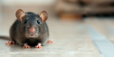 A rat is sitting on a tile floor, curiously looking directly at the camera