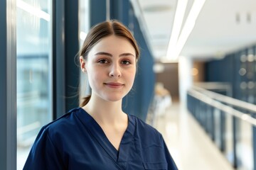 A young European nurse in scrubs stands confidently in a hospital hallway, ready to offer care and support
