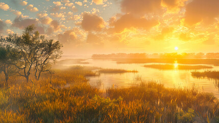 Tranquil Lake Sunrise with Reeds, Peaceful Water Landscape at Dawn, Serene Nature Scenery with Reflective Surface and Fog