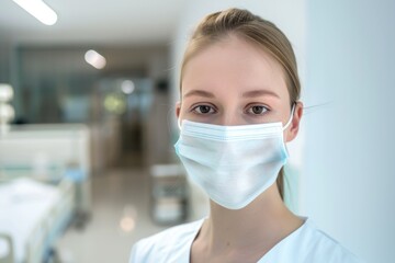 A young European nurse dutifully stands in a hospital, her face covered with a medical mask