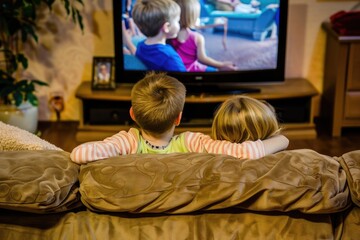 Two young European siblings, a boy and a girl, sit closely on a couch, completely absorbed in watching TV