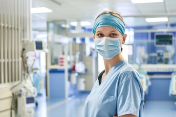 A young European nurse exudes courage while wearing a surgical mask in a hospital setting