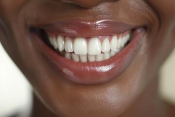 A close-up view capturing the dazzling white teeth of a smiling woman - obrazy, fototapety, plakaty