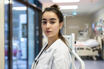 A young European nurse, dressed in a white lab coat, stands confidently in a modern hospital hallway