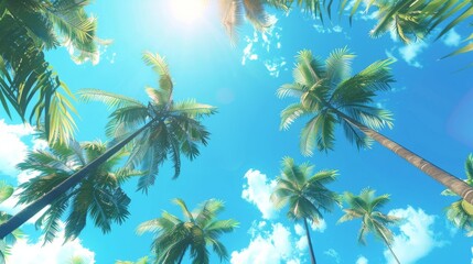 Fototapeta na wymiar Low angle view of tropical palm trees over clear blue sky generative ai