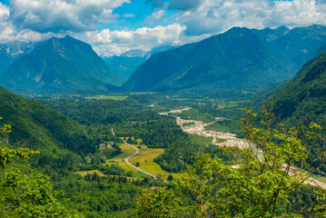 Naklejka na ściany i meble Panorama view over Soca river valley in Slovenia