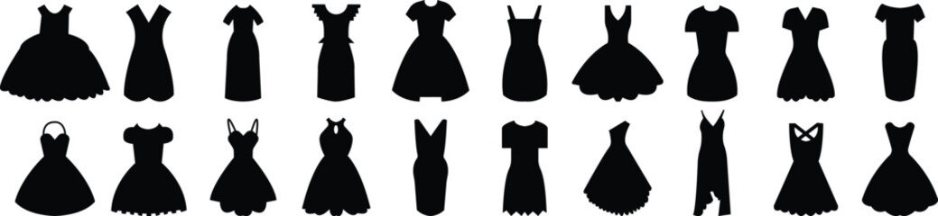 Women and girls dresses icons in flat set isolated on transparent background sign symbol Collection of high quality black style black different shapes of evening ball cocktail vector apps or web