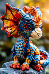 Crocheted toy dragon sitting on top of wooden table next to tree.