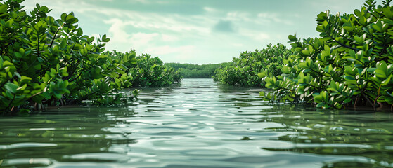 Tranquil River Through a Lush Mangrove Forest, Serene Tropical Landscape for Eco-Tourism and Adventure, Clear Blue Skies