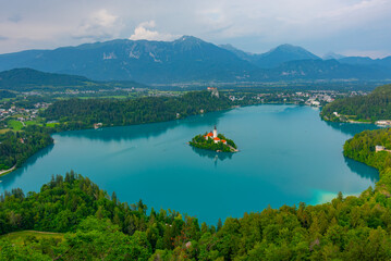 Aerial view of lake Bled in Slovenia