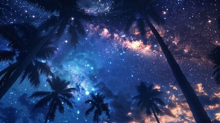 Low angle view of tropical palm trees on a starry night generative ai