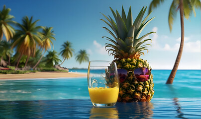 A ripe Pineapple fruit and a glass of cooling pineapple juice, on the seaside