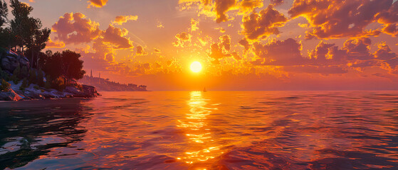 Tranquil Sunset Over the Ocean, Vibrant Sky Reflecting on Water, Peaceful Evening Seascape, Natural Beauty