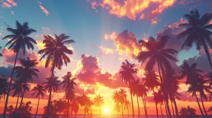 Low angle view of tropical palm trees on a sunset generative ai - obrazy, fototapety, plakaty