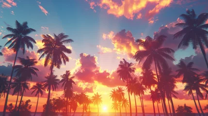 Poster Low angle view of tropical palm trees on a sunset generative ai © ThisDesign