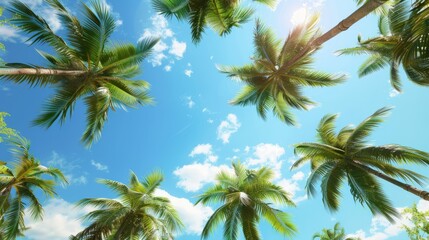 Low angle view of tropical palm trees over clear blue sky generative ai