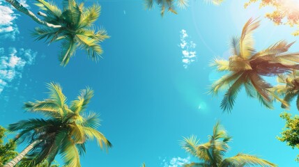 Fototapeta na wymiar Low angle view of tropical palm trees over clear blue sky generative ai