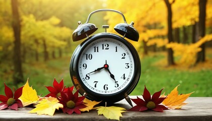 Spring forward. Time change in spring. Clock turn forward one hour in spring. Daylight saving time. Alarm clock on beautiful nature background with green grass and white flowers meadow.