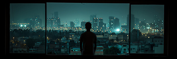 young man contemplating his city from the windows of his house on a summer night.