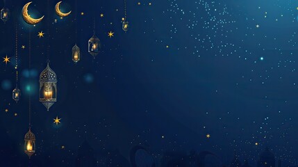 Ramadan Kareem. Eid Al-Fitr. Glowing lanterns on a blue background. Luxurious gold moon with Islamic ornaments.