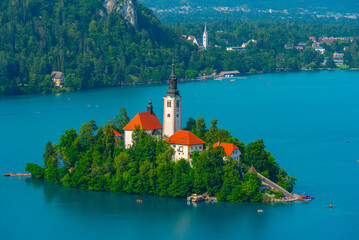 Aerial view of Assumption of Maria church at lake Bled in Sloven