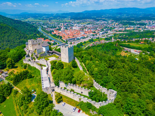 Aerial view of Celje castle and surrounding neighborhood, Slovenia