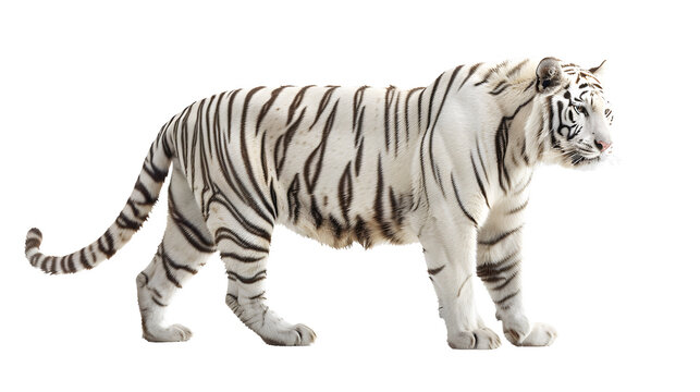 Strong white tiger walking, isolated on white background