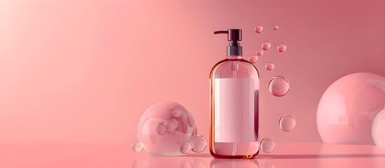 Transparent empty glass bottle with head pump on pastel pink gradient modern background, bubbles. Front view, blank clean cosmetic beauty product packaging, copyspace for text, advertising mock up