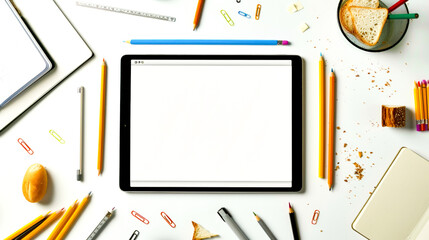 Tablet with white screen surrounded by pencils and crayons.