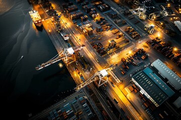 Golden hour photo of the New Jersey Dockyard in Upper Bay, New York City. Numerous cranes, gantries and shipping containers lit with street lights. Taken from a helicopter.