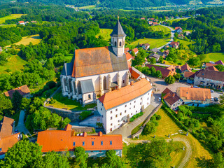 Aerial view of Basilica of the Virgin of Mercy at Ptujska Gora in Slovenia