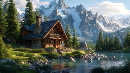 Fototapeta premium Wilderness Haven: A Mountain Lodge Nestled in the Heart of Nature, Offering Tranquility and Adventure