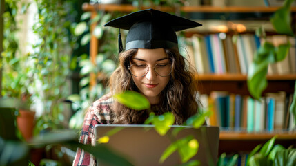 Woman wearing glasses and graduation cap looks at laptop computer screen.