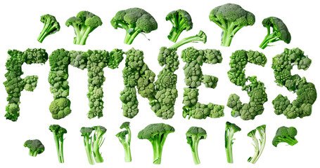 Fototapeta premium Broccoli Spelling Fitness on Green Background. Transparent PNG Background