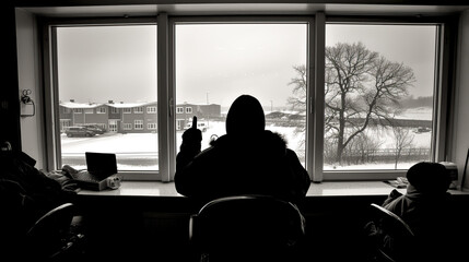 Person sitting in chair looking out window at the snow outside.