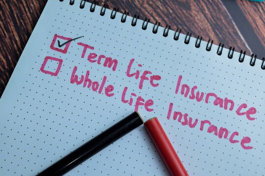Concept of Term life Insurance write on book isolated on Wooden Table.