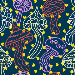 Cartoon autumn harvest seamless neon Halloween mushrooms with skulls pattern for wrapping paper and fabrics