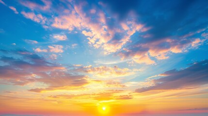 Naklejka na ściany i meble sunset sky, sunrise with yellow and blue sky, romantic natural landscape generative ai