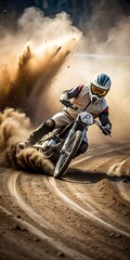 Motocross rider in dust action. Motorcycle sport. 