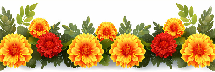 Orange and red marigold flowers isolated on white background. Chinese mid autumn festival or toran Indian traditional Diwali decoration. Symbol of mexican holiday Day of dead