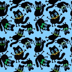 Watercolor spots animals seamless Halloween cats pattern for wrapping paper and fabrics and kids print and party