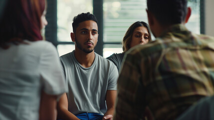 adult looking concerned in a group therapy session - obrazy, fototapety, plakaty