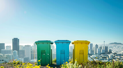 
three colorful recycling bins placed against a cityscape under a clear sky. Each bin corresponds to a different type of recyclable material - obrazy, fototapety, plakaty