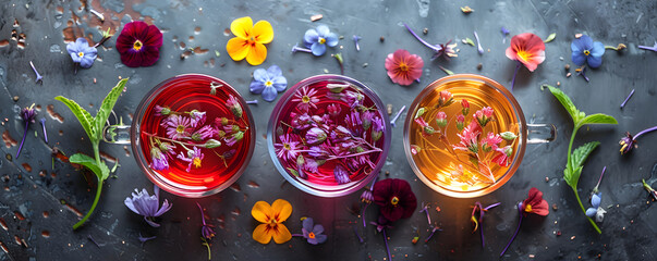 Natural aromatic flower tea in transparent cup among colorful flowers on gray background. Herbal tea with wildflowers for health. Herbal medicine and homeopathy concept. Folk medicine banner, poster - obrazy, fototapety, plakaty