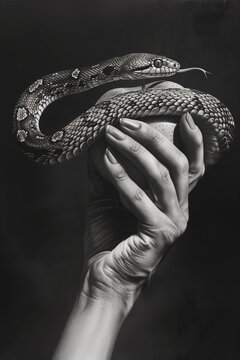 hand holding an apple with a snake wrapped around it, representing the devil and the forbidden fruit