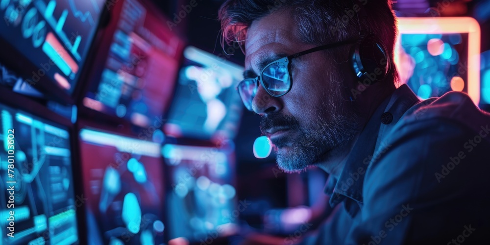 Poster a man wearing glasses is looking at a computer screen with multiple monitors