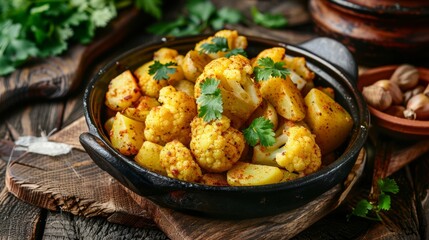 Indian dish Alu Gobi, potatoes and cauliflower stewed with Turmeric, cumin, coriander.  - obrazy, fototapety, plakaty